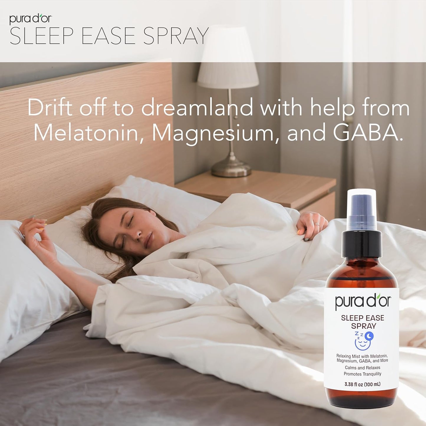 PURA D'OR 3.38 Oz Sleep Ease Spray – Relaxing Mist with Botanical Extracts – Infused with Melatonin, Magnesium & GABA – Supports Tranquility & Relaxation