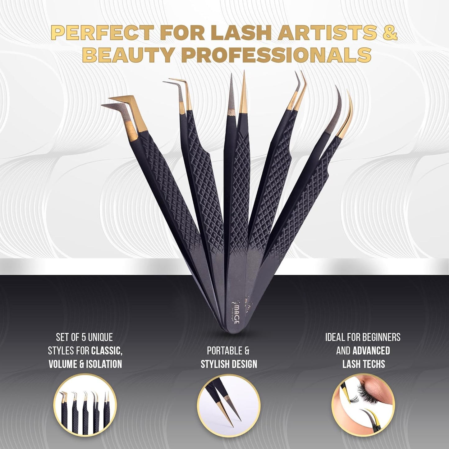 5 Pcs Fiber-Tip Japanese Steel Lash Tweezer Set with Leather Case, Professional Eyelash Tweezers for Lash Extensions – Titanium Coated, 90 & 45 Angled, Precision Pointed Tweezers (MATT BLACK)