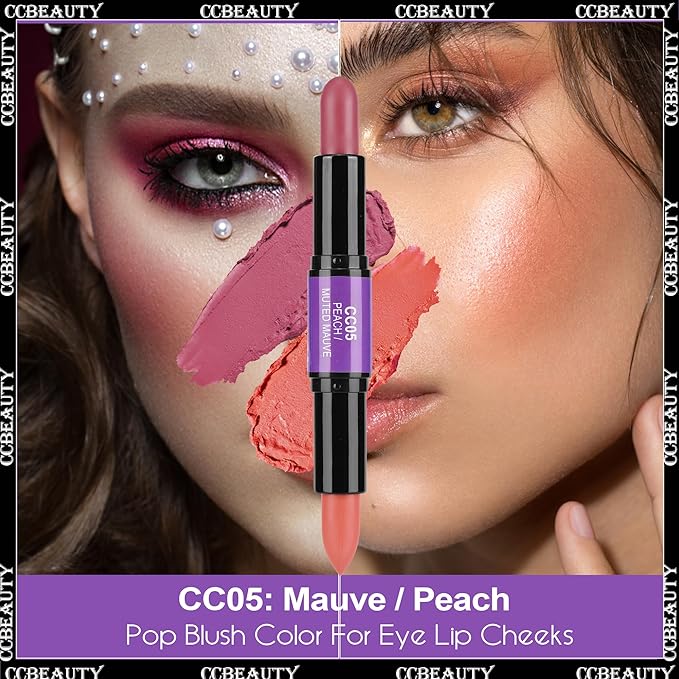 CCbeauty 2-in-1 Blush Stick for Cheeks - Cream 2 Colors Dual Blushing Makeup Stick for Cheeks, Eyes & Lips, Natural Blendable Moisturizing Long-Lasting Smooth Blushes,Peach & Muted Mauve