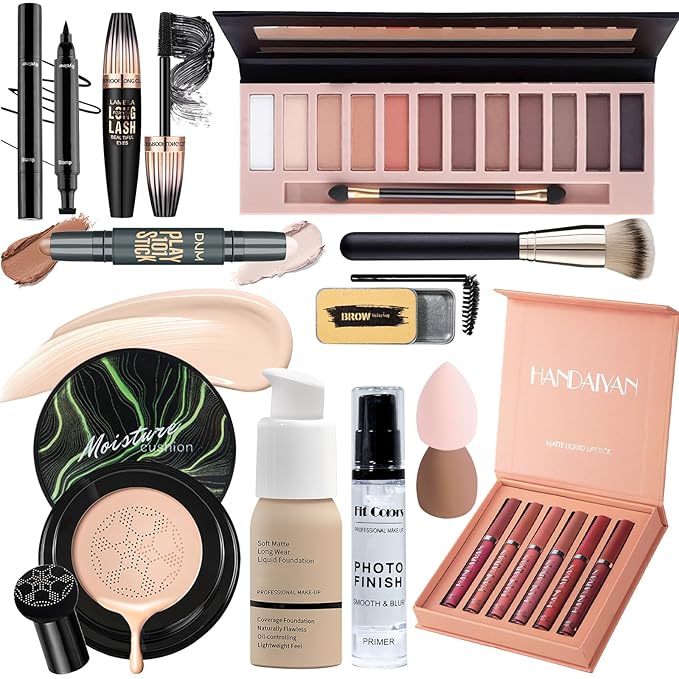 Face Primer, Makeup Brush and Sponges, Eyebrow Soap and Pencil, Mascara, Winged Eyeliner Stamp, cosmetic bag,Eyebrow Soap and Pencil, Mascara, Winged Eyeliner Stamp