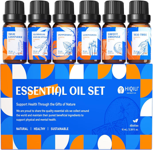 HIQILI Essential Oils for Diffusers for Home,Top 6 Gift Essential Oil Set,Include Lavender, Orange, Peppermint, Tea Tree, Eucalyptus, Lemongrass,Beginner Kit(10ML*6)