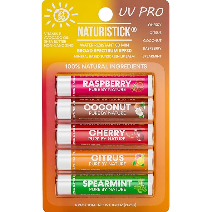 Naturistick SPF 30 Vegan Lip Balm β Mineral Sunscreen with Zinc Oxide | Broad Spectrum UVA/UVB | 100% Natural, Coral-Friendly Formula | 5-Pk Raspberry, Coconut, Cherry, Citrus, Spearmint | Made in USA