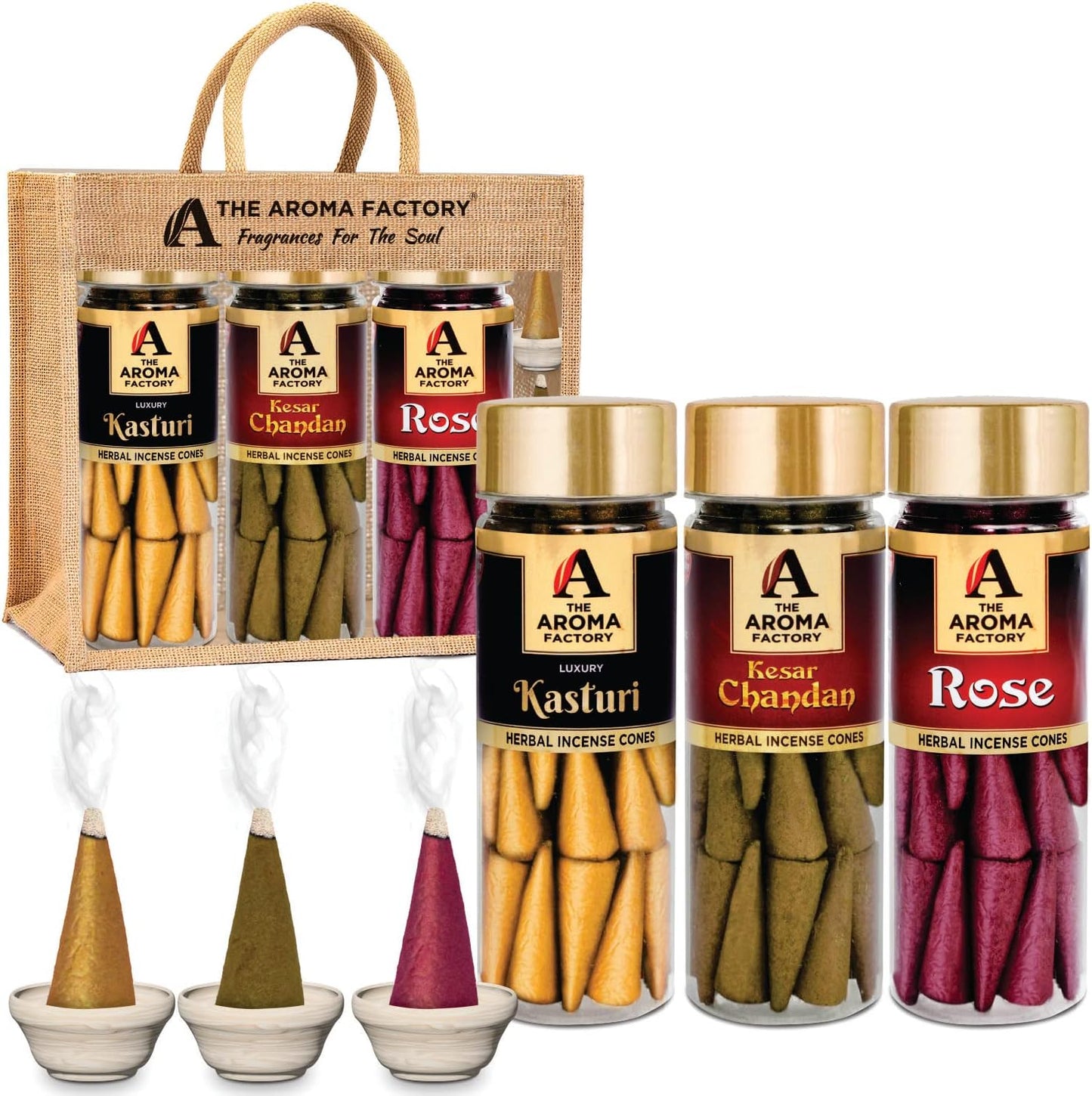 The Aroma Factory Organic Incense Dhoop Cones 3x30 Cones Jute Gift Set with Holder (Royal Luxury)