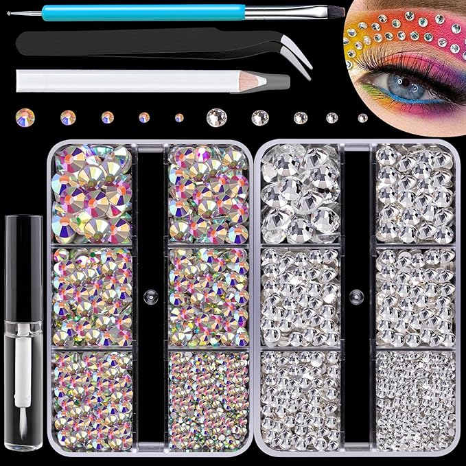 Colorful Face Gems for Makeup Set, Flatback Gorgeous Charming AB Glass Gem+Clear Glass Gem with Makeup Glue+Picker Pencil+Tweezer+Dual-End Dotting Tool for Eye Body Hair Make-up and Nail Art Deco