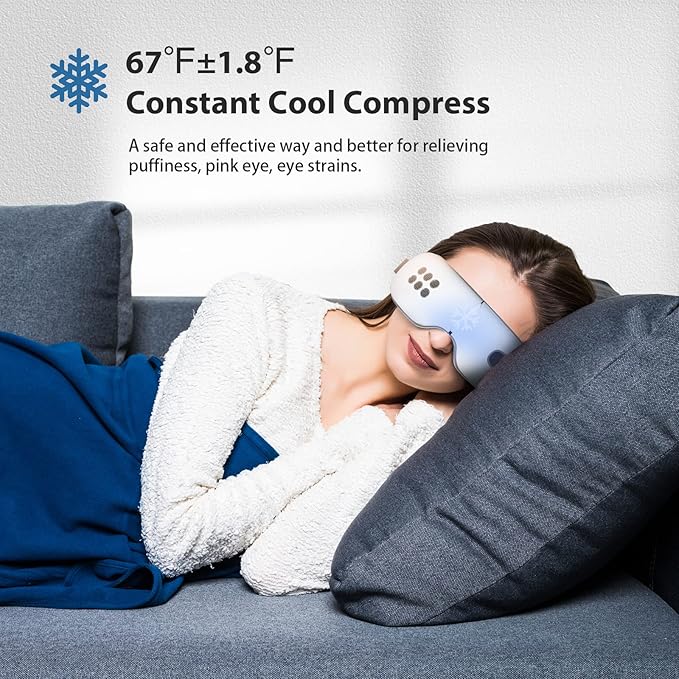 Eye Massager with Heat and Cooling for Migraines, Dry Eyes, Dark Circles, Rechargeable Bluetooth Music Cold Heated Eye Massager Improve Sleeping - Gifts for Women and Men (White)