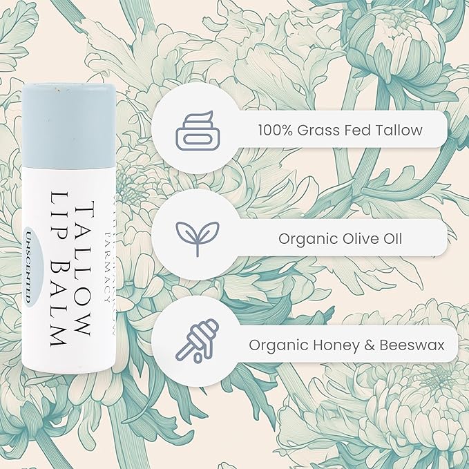 Organic Tallow Lip Balm (Unscented) from Grass Fed Cows. Super hydrating with Tallow, Olive Oil, Honey, and Beeswax. Sustainable Cardboard Tubes & Hand Filled. Jumbo Size 0.5 oz.