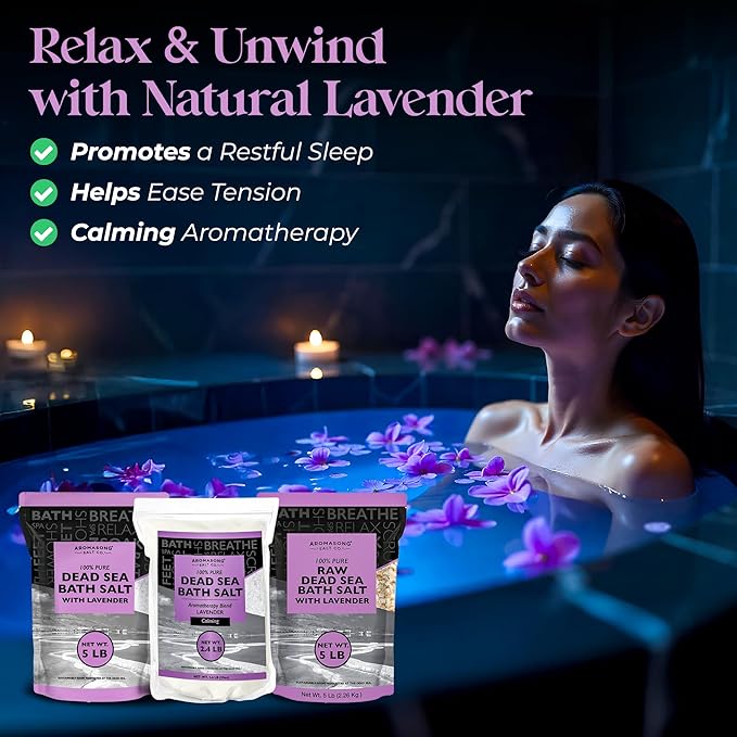 Aromasong Pure Dead Sea Salt for Soaking with 100% Natural Lavender, 5 LB - Spa Bath Salt Fine Grain - Body Wash Scrub - Soak for Women & Men- Bulk Resealable Pack (Packaging May Vary)