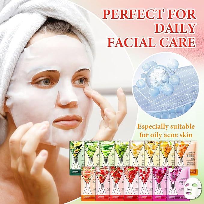 15 Pack Variety Facial Sheet Masks Skin Care Set, Hydrating Bulk Sheet Face Masks Skincare Gifts Set for Women Men, Long Lasting Moisturizing Face Mask Skincare for All Skin Type(05)