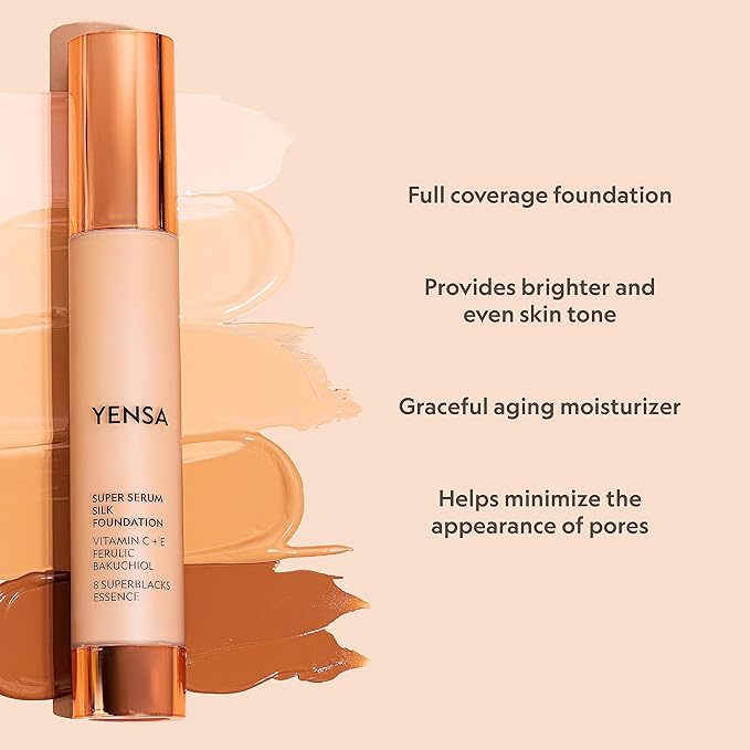 YENSA Serum Foundation Makeup - Super Silk Full Coverage Foundation Enriched with Peptides, Vitamin C & Ferulic Acid to Help Reduce Fine Lines, Wrinkles & Dark Circles - Medium 2 (1 oz)