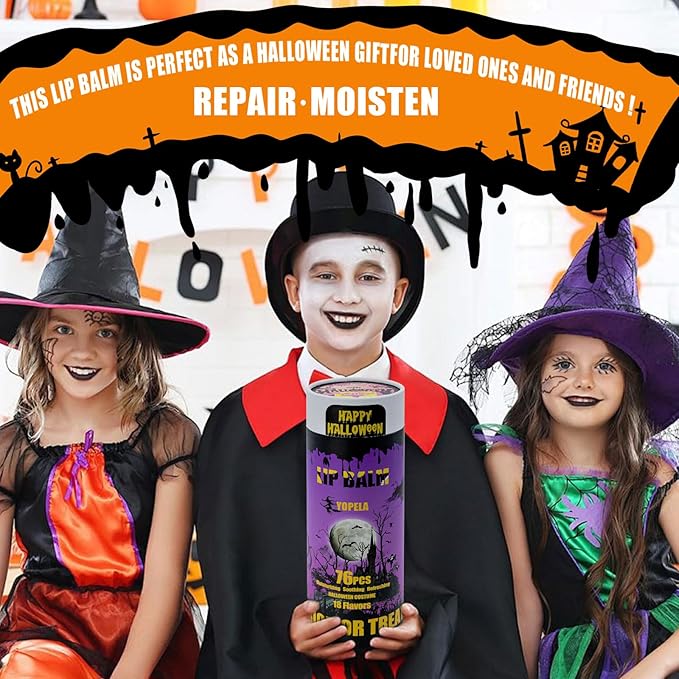 Yopela 76 Packs Halloween Lip Balm,18 Flavors Natural Chap Stick in Bulk, Moisturizing Stocking Dry Lips, Men Women Kids Party Gifts, Lip Care Product with Gift Card