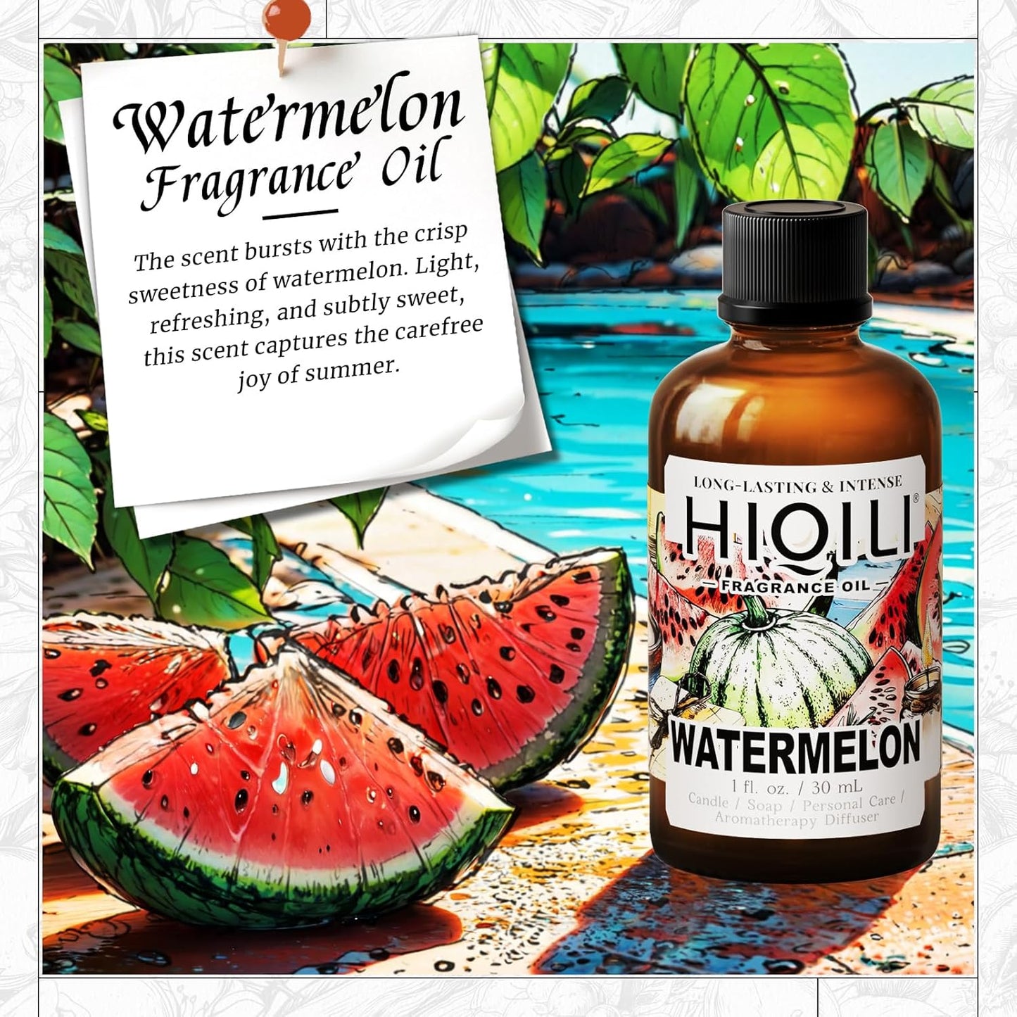 HIQILI Watermelon Fragrance Oil for Candle & Soap Making, DIY Fruity Perfume, Bath Bombs, Long-Lasting Diffuser Oil, Skin Care - 1 Fl Oz