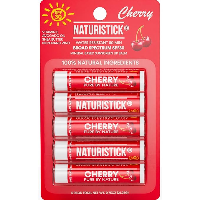 Naturistick SPF 30 Vegan Lip Balm β Mineral Sunscreen with Zinc Oxide | Broad Spectrum UVA/UVB Protection | 100% Natural, Coral-Friendly Formula | Oxybenzone Free | 5-Pack Cherry | Made in USA