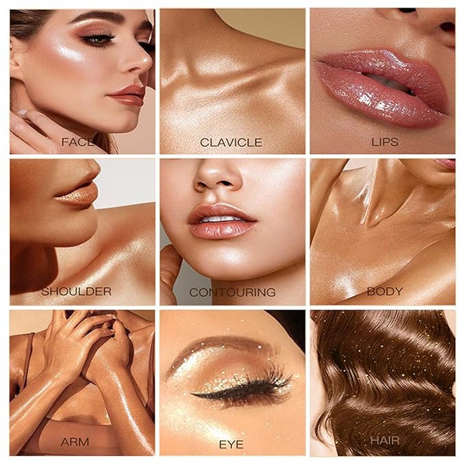 Shimmer Body Oil-Pearl White Face Brighten Glow Pearl Highlighter Liquid Illuminator Body Glow Oil,4 Color Bronze Makeup Glitter Body Shimmer Oil with Makeup Brush