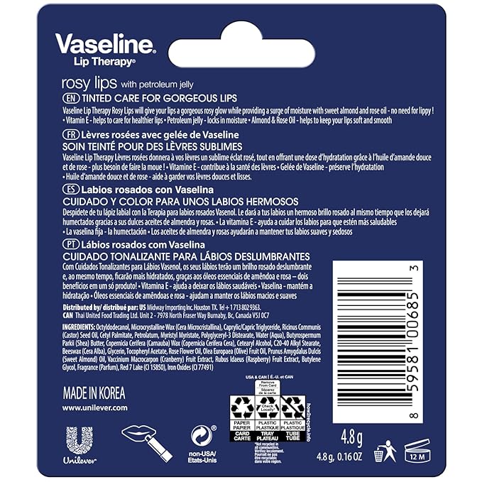 Vaseline Lip Therapy Rosy Lips - Hydrating Lip Balm Pack, Vaseline Stick, Lip Moisturizer for Dry Lips, 0.16 Oz Each (Pack of 12)