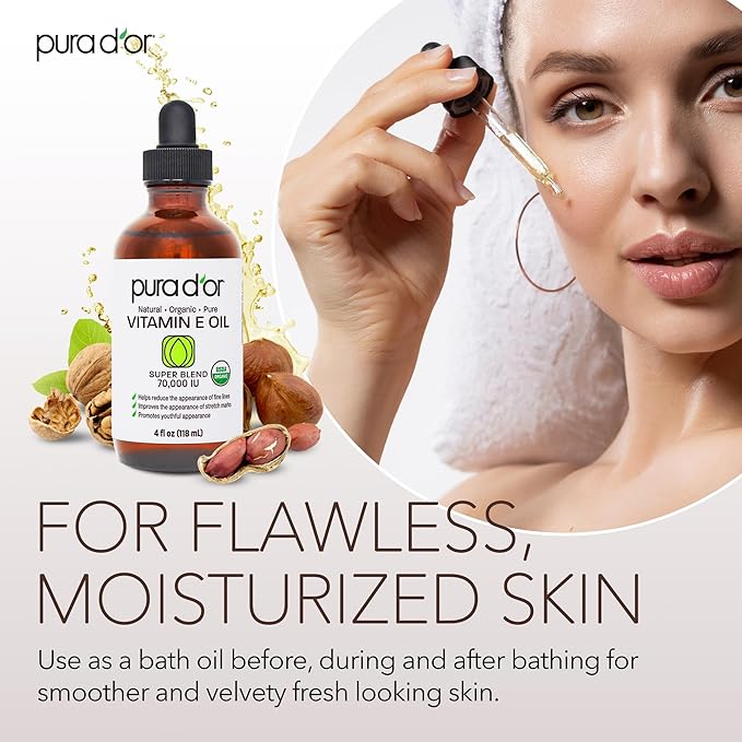 PURA D'OR 4 Oz ORGANIC Vitamin E Oil Blend - 100% Natural Hexane Free, Sweet Almond, Apricot, Jojoba, Argan, Rosehip, Sunflower & Avocado Bath Oil For Scars, Skin, Face & Full Body