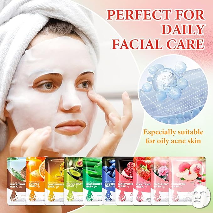 10 Pack Variety Facial Sheet Masks Skin Care Set, Hydrating Bulk Sheet Face Masks Skincare Gifts Set for Women Men, Long Lasting Moisturizing Face Mask Skincare for All Skin Type(06)