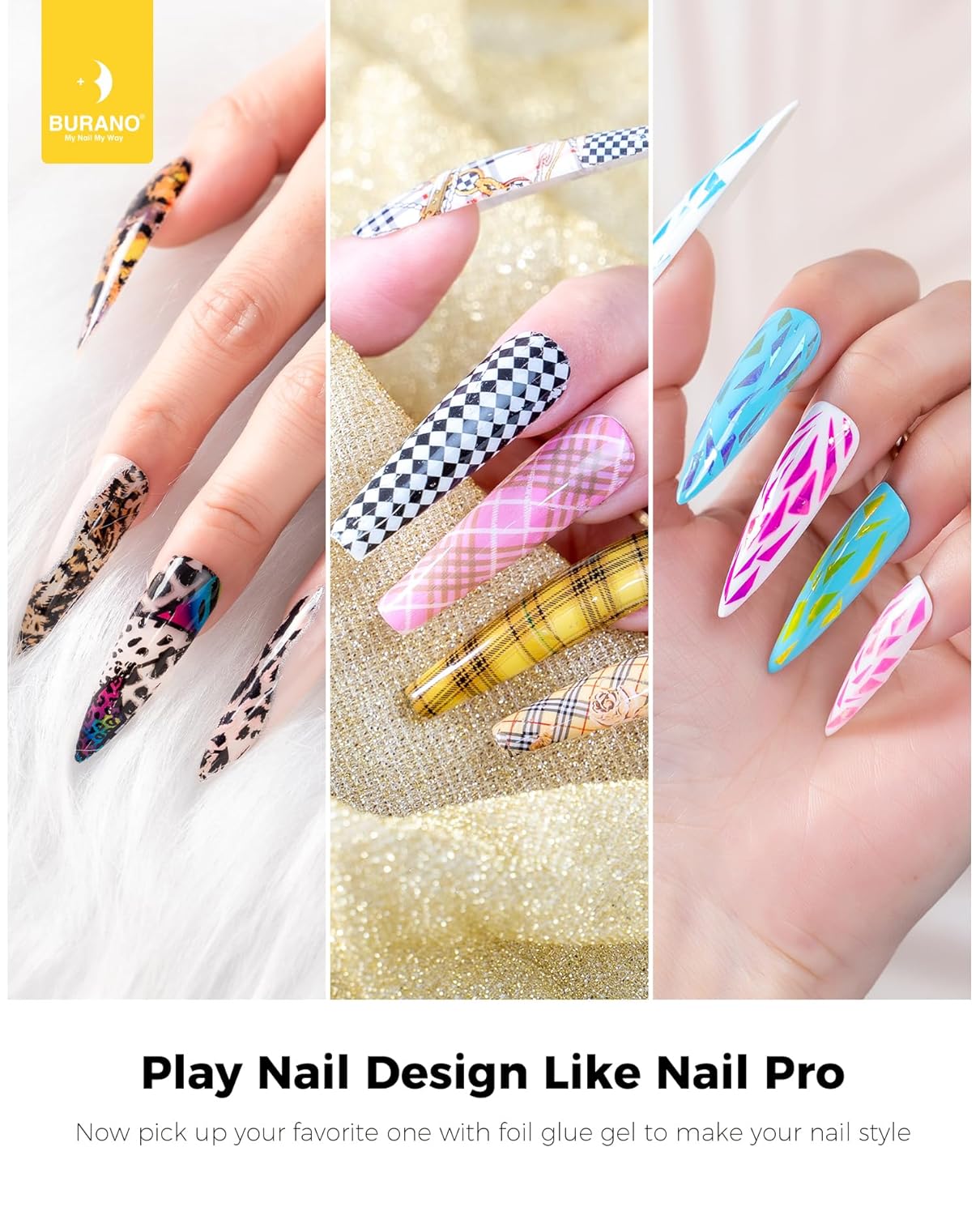 BURANO Nail Art Nail Foil Glue Gel, o.5 oz with 10PCS Foil Stickers Set Nail Foil Glue for Nails Foil Transfer Gel, Nail Design Home DIY UV LED Lamp Required (Marble Glitter) 22