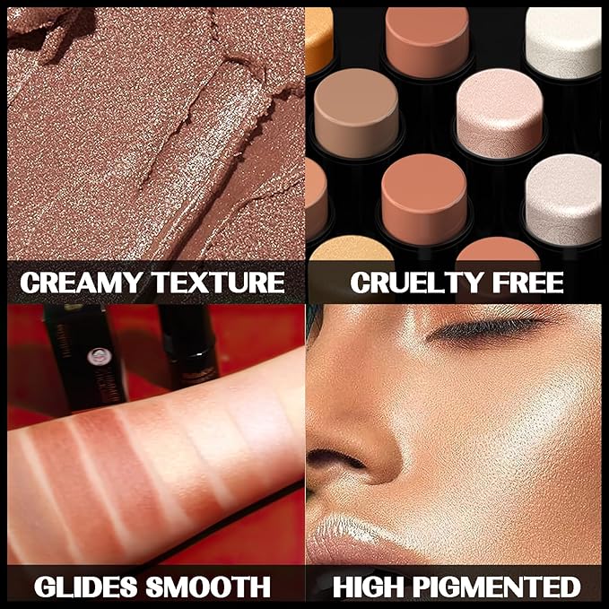 MIELIKKI 2Pcs Cream Contour Stick Makeup, Highlighter Stick and Bronzer Stick for Face Sculpting, Easy to Apply & Blend, Long Lasting, Waterproof, Matte Finish,0308