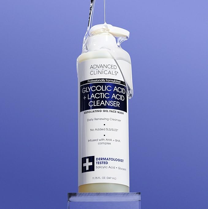 Advanced Clinicals Glycolic Acid Exfoliating Face Wash For Women & Men | Lactic Acid & Salicylic Acid Facial Cleanser | Glycerin Gel Gleanser Helps Gently Exfoliate & Cleanse Dirt & Oil, 11.75 Fl Oz