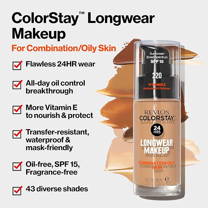 Revlon Liquid Foundation, ColorStay Face Makeup for Combination & Oily Skin, SPF 15, Medium-Full Coverage with Matte Finish, Butterscotch (315), 1.0 oz
