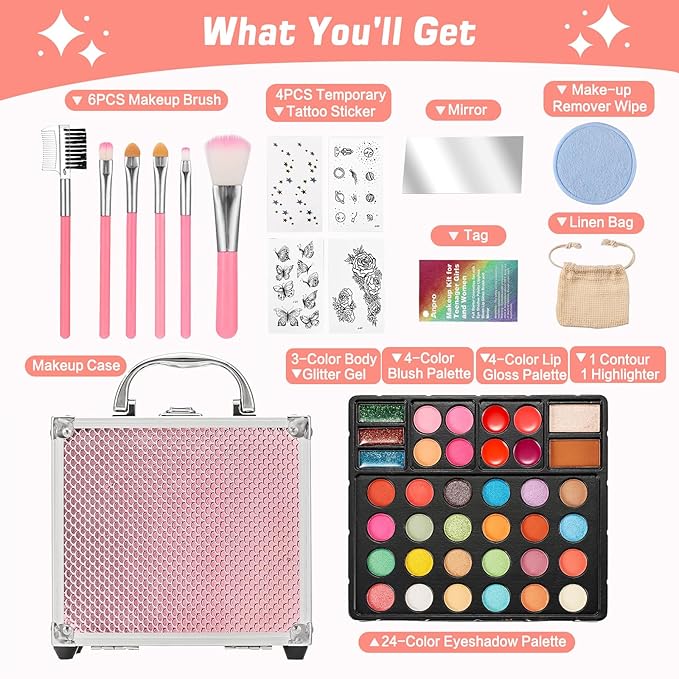 Anpro All-In-One Makeup Carry Case with Pro Teen Makeup Set, Full Starter Cosmetics Kit with Makeup Brushes, Eye Shadows Palette, Blushes, Glitter Gel, Temporary Tattoo Stickers - Blue