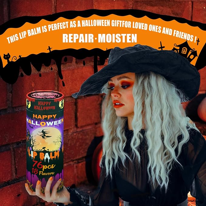 Yopela 76 Pack Halloween Lip Balm Party Favors, Lip Care Set with Vitamin E & Coconut Oil to Moisturize Repair Dry Chap Lips, 18 Flavors,Perfect for Trick-or-Treat Gifts or Goodie Bag Stuffers