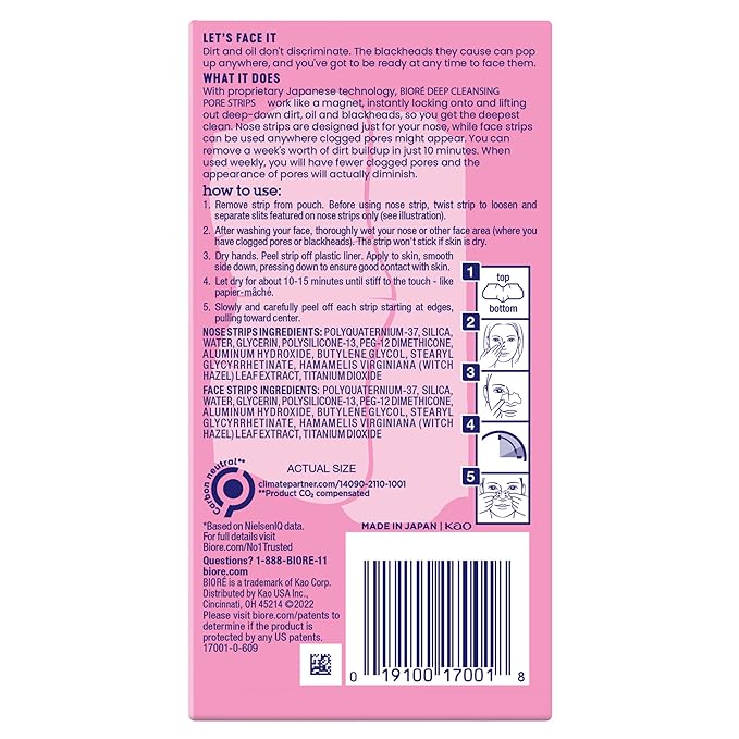 Bioré Nose+Face Blackhead Remover Strips, Deep Cleansing Strips for Nose, Chin, or Forehead, Instant Blackhead Removal and Pore Unclogging, Oil-free, Non-Comedogenic Use, Value Size 24 Count