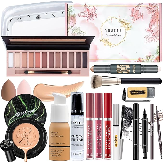 Makeup Kit Set for Women, Makeup Present for Women Teens Girl, Eyeshadow Palette Foundation CC Cream Primer Brush Spong Contour Lipstick Eyebrow Soap Mascara Eyeliner Cosmetic bag