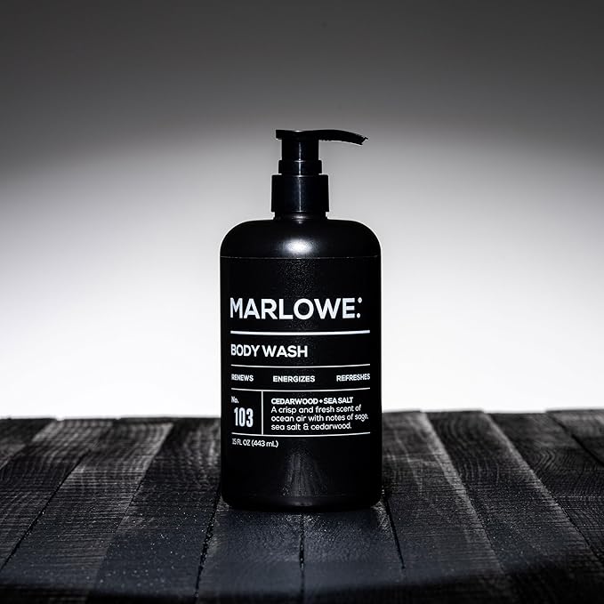 MARLOWE. No. 103 Body Wash 15 oz Pump, Cedarwood + Sea Salt, Energizing & Refreshing Shower Gel, Willow Bark & Green Tea Extracts, Cleanses, Moisturizes, Smooths & Nourishes, Fresh & Zesty Scent