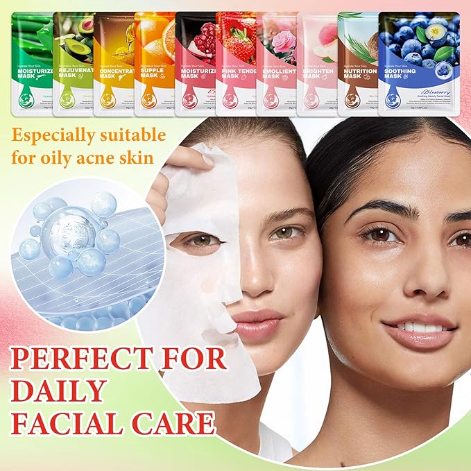 10 Pack Variety Facial Sheet Masks Skin Care Set, Hydrating Bulk Sheet Face Masks Skincare Gifts Set for Women Men, Long Lasting Moisturizing Face Mask Skincare for All Skin Type(C)
