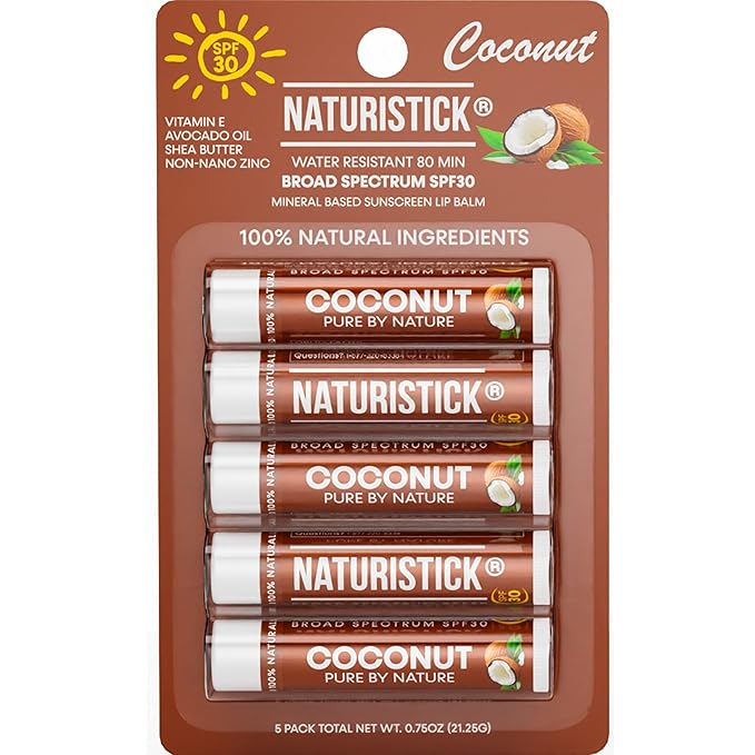 Naturistick SPF 30 Vegan Lip Balm β Mineral Sunscreen with Zinc Oxide | Broad Spectrum UVA/UVB Protection | 100% Natural, Coral-Friendly Formula | Oxybenzone Free | 5-Pack Coconut | Made in USA