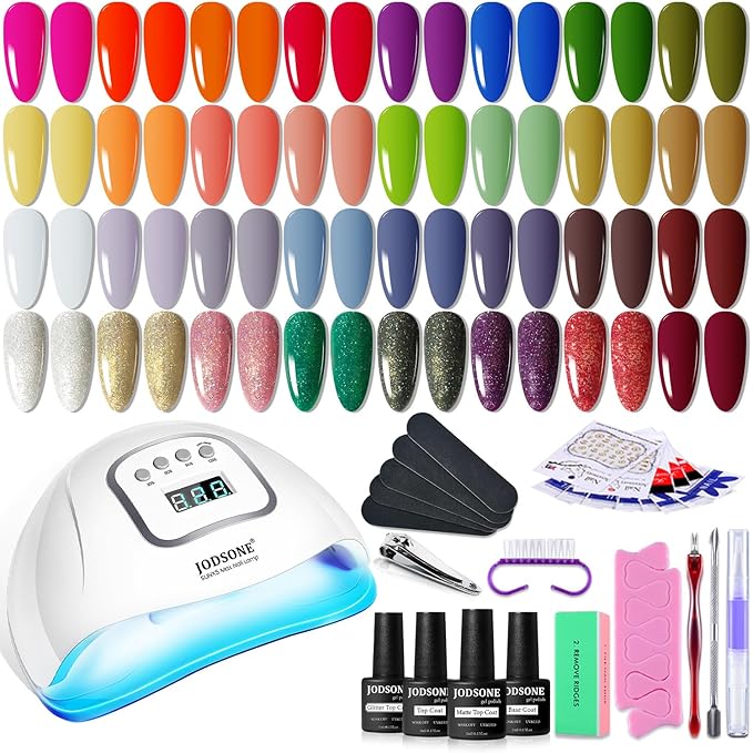JODSONE Gel Nail Polish Kit with U V Light 32 Colors with Base Coat Matte Glitter Top Coat Gel Nail Set Manicure Salon Tools