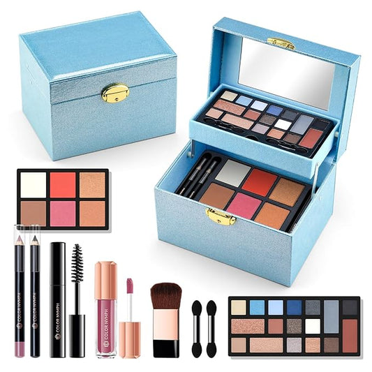Color Nymph Beginner Makeup Kit For Teens, Girls Makeup kits With Recyclable And Key-Lockable Cabinet Included 17-Colors Eyeshadows Blushes Bronzer Highlighter Lipstick Brushes Mirror(Blue)
