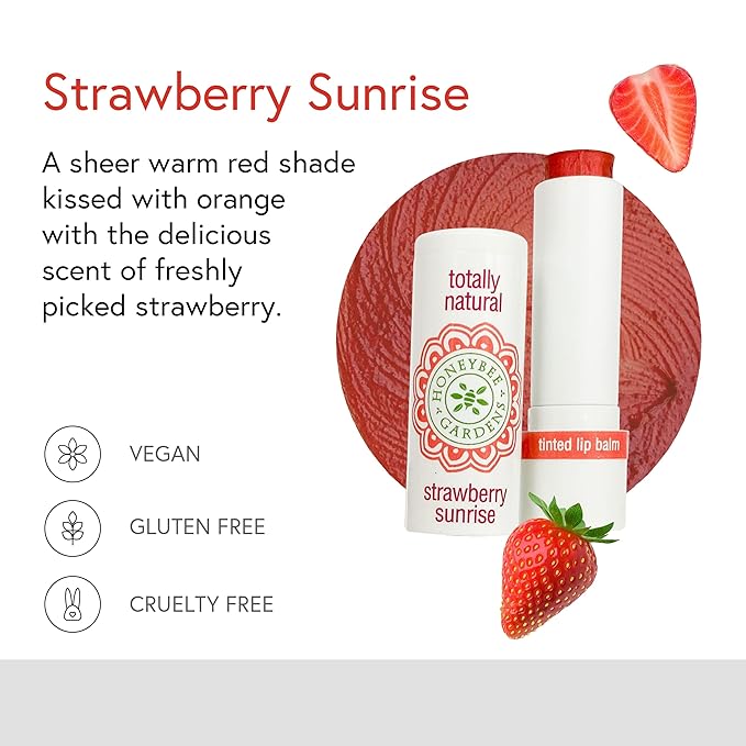 Honeybee Gardens Totally Natural Strawberry Sunrise Tinted Lip Balm, Nourishing Moisture With A Kiss Of Color, Vegan, Gluten-Free
