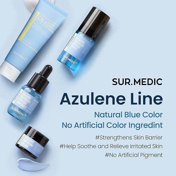 SURMEDIC AZULENE Soothing Trial Kit, Korean Skincare, Airplane-Friendly Travel Size Mini Set, Facitl Kit Gift for Women with Moisturizer, Cleanser, Toner, Ampoule, Cream