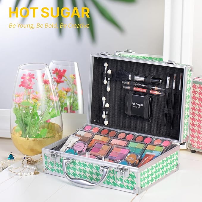 Hot Sugar Teen Makeup Kit for Girls 10-13 Full Starter Cosmetics Set with Eye Shadow Lip Balm Blush Lip Gloss Brush Lip Pencil Eye Pencil and Mirror (GREEN HOUNDSTOOTH)