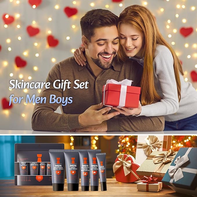 Mens Skincare Set, Valentines Day Gifts for Him, 5Pcs Mens Facial Care Kit - Facial Cleanser, Facial Scrub, Day Cream, Eye Cream and Overnight Moisturizer, Travel Size Mens Skincare Gift Set
