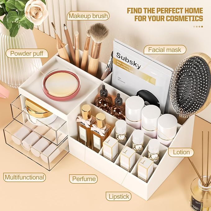 Subsky Makeup Organizer with Drawers, Easy Storage for Beauty Products Brushes, Multifunction Plastic Desk Organizer, Cosmetics Organizer for Countertop Dresser Vanity and Bathroom (White)