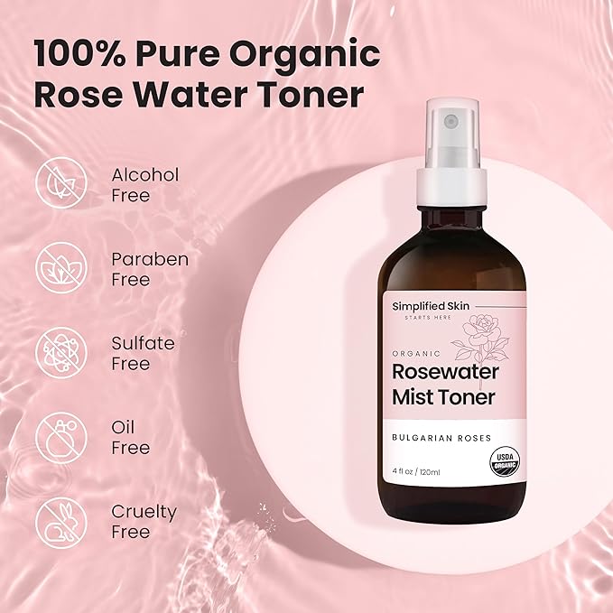 Rose Water Spray for Face & Hair - Organic USDA Certified Rosewater Facial Toner - Alcohol-Free Makeup Setting Hydrating Face Mist - Anti-Aging Toner Spray - 4 Oz