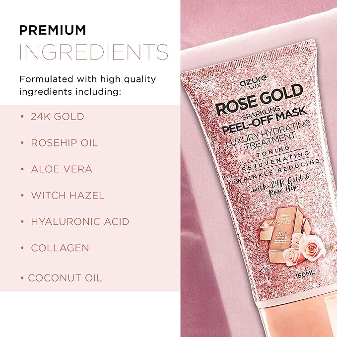 Azure Cosmetics Rose Gold Sparkling Peel-Off Face Mask โ Luxury Hydrating & Firming Skincare with 24K Gold & Rose Hip Oil โ Helps Reduce Fine Lines, Tone Skin & Improve Texture โ 150 ml
