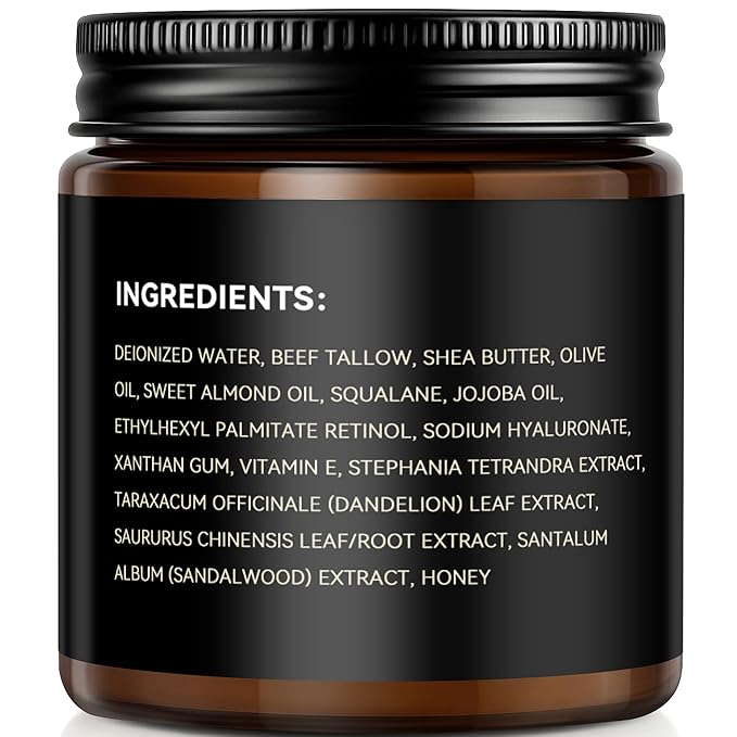 Men's Beef Tallow for Skin, Whipped Grass-Fed Beef Tallow Face Cream, Tallow Balm with Anti-Aging Retinol & Hyaluronic Acid, Mens Skin Care Face Moisturizer, Reduces Wrinkles & Lines, Sandalwood, 3 OZ