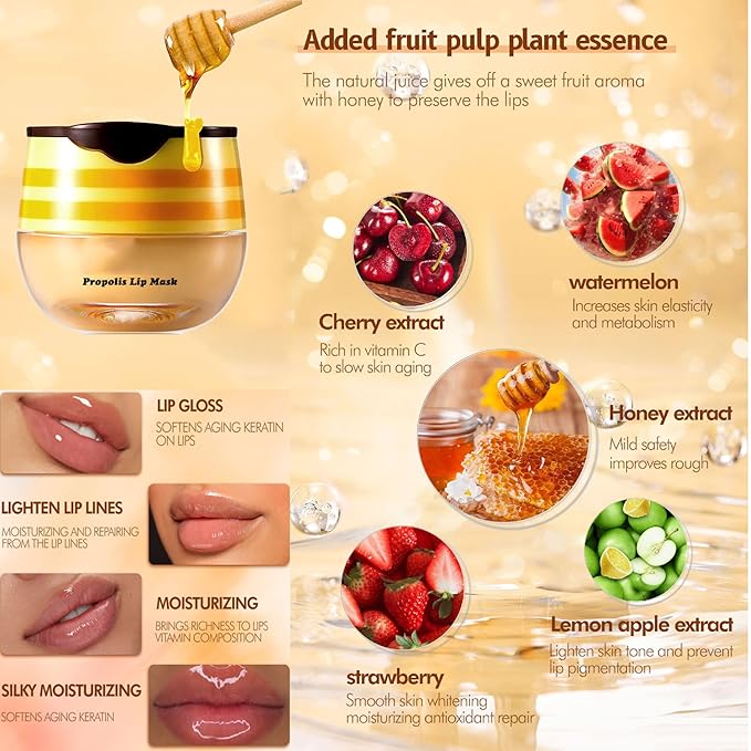 3Pcs Lip Balm Honey Pot, Lip Mask Overnight Lip Balm Hydrating Prevention Dry and Crack Lip Scrubs Exfoliator Lip Wrinkle Care, Beeswax with Vitamin E (3Pcs Honey&Strawberry&Watermelon)