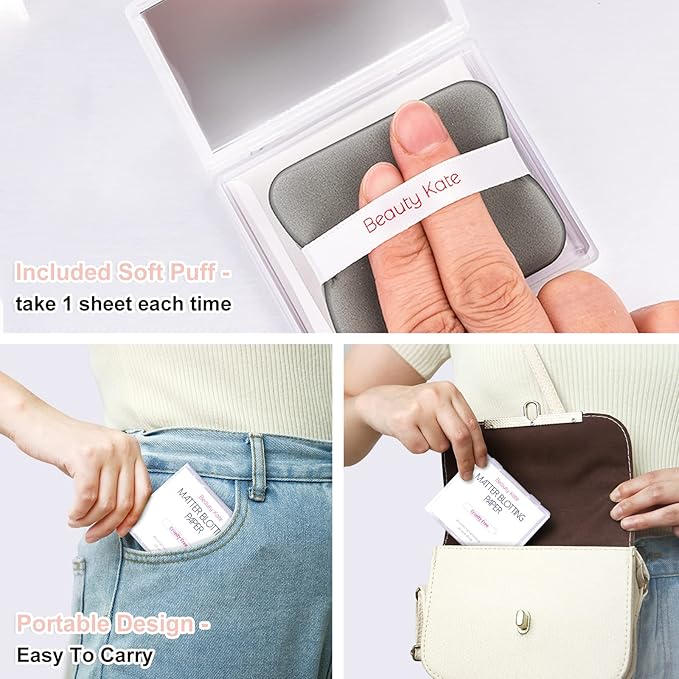 2 Pack Matter Blotting Paper for Oily Skin Total 100 Sheets with Mirror Case and Makeup Puff - Easy Dispensing Oil Blotting Sheets for Face,Makeup Friendly Oil Absorbing Sheets