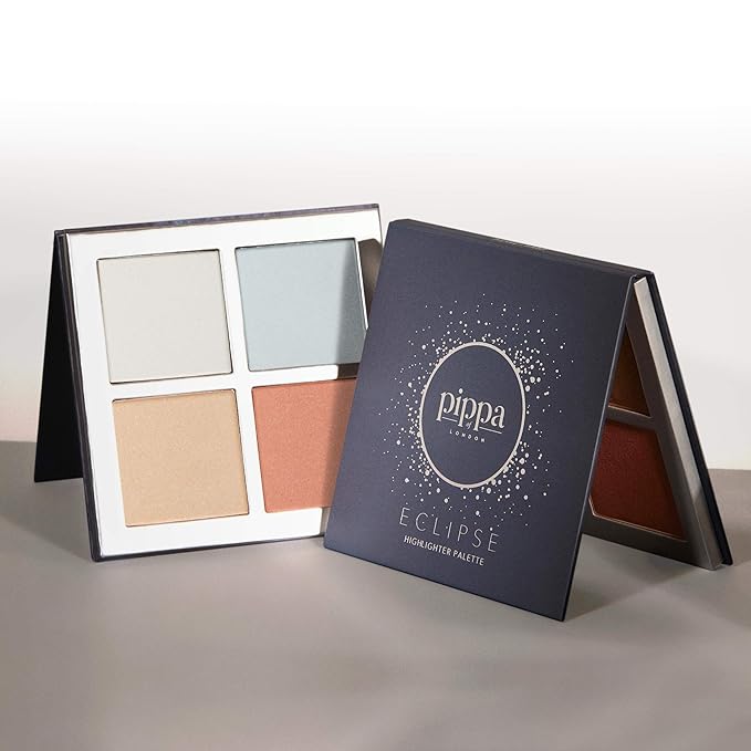 Pippa of London Eclipse Highlighter Palette 381 Make Up for Cheeks and Face with 4 Luxury Highlighters in a Silver Gold Case with Mirror