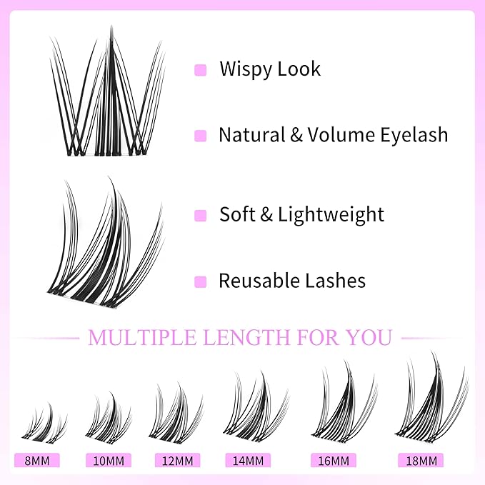 VEYESBEAUTY Lash Clusters Kit Eyelash Extensions Thin & Invisible Band DIY Individual False Eyelashes Newbie's Five-Second Series Wispy Lash Tray for Self-application, Manga Lash 8-18mm Mixed Length