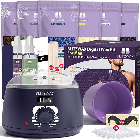 BLITZWAX Brazilian and Bikini Waxing Kit for Men, Hard Wax Warmer for Face, Legs, and Body, At Home Hair Removal Kit, Beginner Friendly, Quick Heating, 30 Nose Wax Sticks
