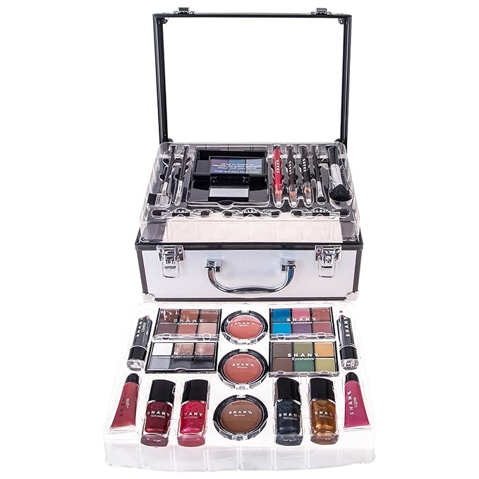 SHANY Carry All Trunk Makeup Train Case with Re-usable Aluminum Makeup Storage Case. Non Toxic Color Make up Set with Eye palettes, Blushes,Makeup Powders, Manicure, Pedicure and Makeup Brushes.