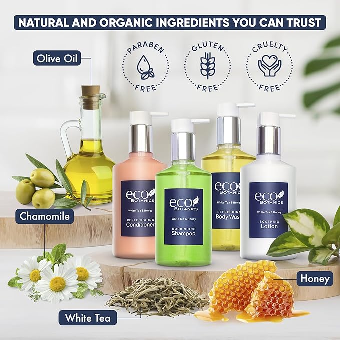 1-Shoppe Eco Botanics 10 Piece Ecobox All-In-Kit | White Tea and Honey Soap | 3 Shampoo, 2 Conditioner, 3 Body Wash & 2 Lotion | 10.14oz Hotel Soaps and Toiletries Bulk | Personal Care Products