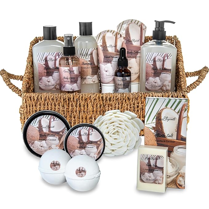 Bath Spa Gift Sets - Luxury Basket With Coconut & Vanilla - Spa Kit Includes Wash, Bubble Bath, Lotion, Bath Salts, Body Scrub, Shower Puff, Bathbombs, Soap in Wooden Basket