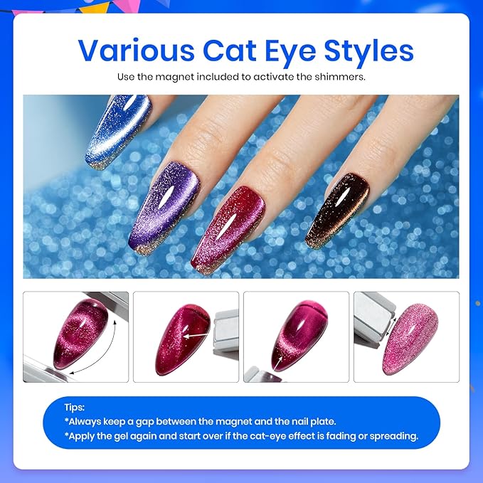 Beetles Cat Eye Gel Nail Polish Set-36 Colors Red Purple Brown Green Burgundy Magnetic Gel Nail Polish with Base Gel Glossy Matte Top Coat Magnet,Soak off UV Nail Gel DIY Nail Art Gift for Women